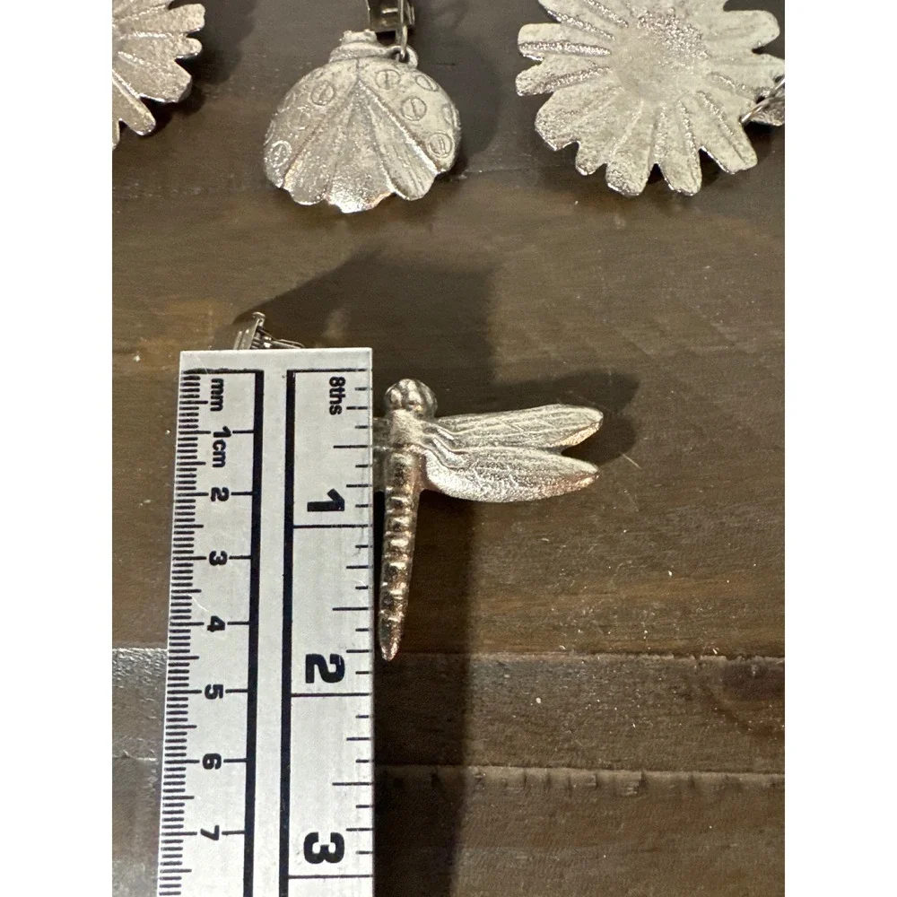 Vintage Silver Cast Metal Garden Tablecloth Weights Daisy Ladybug Dragonfly 5pc